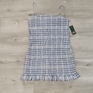 Smocked Blue and White Plaid Ruffle-Hem Mini Sun Dress